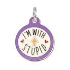 I'm with Stupid - Funny Dog ID Tag Dog Collar Charm Purple Engraved QR Code Large 1.25" Dog