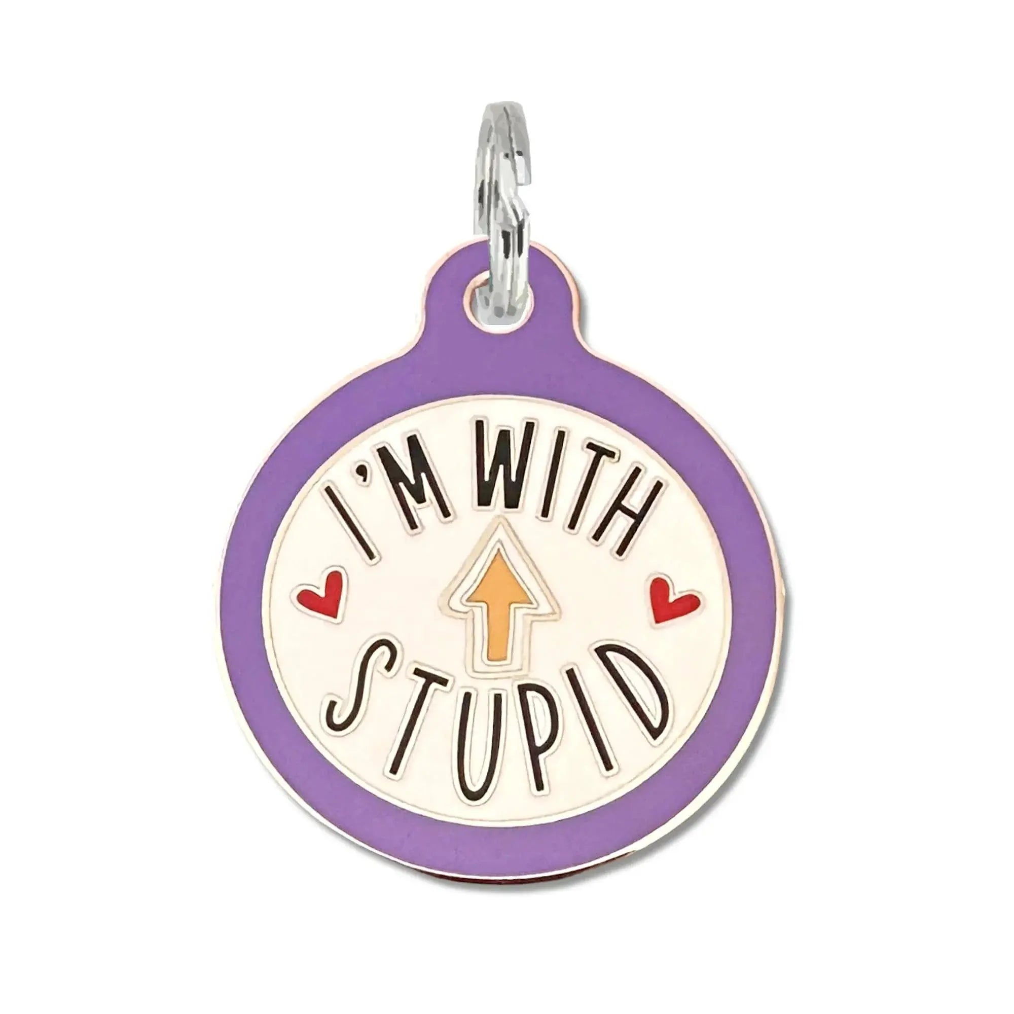 I'm with Stupid - Funny Dog ID Tag Dog Collar Charm Purple Engraved QR Code Large 1.25" Dog