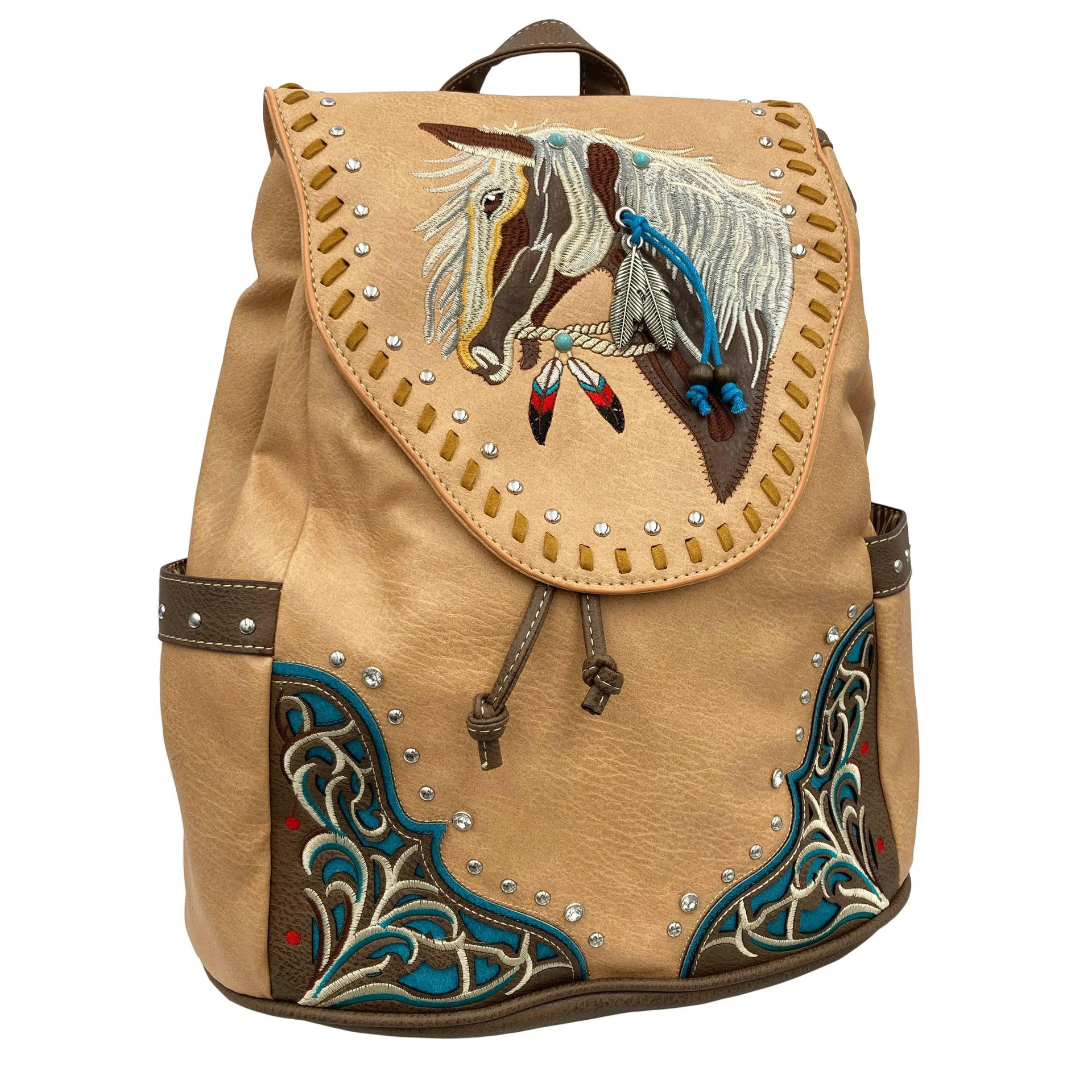 brown leather backpack with embroidered butterflies Women's Embroidered Horse Western Leather Backpack