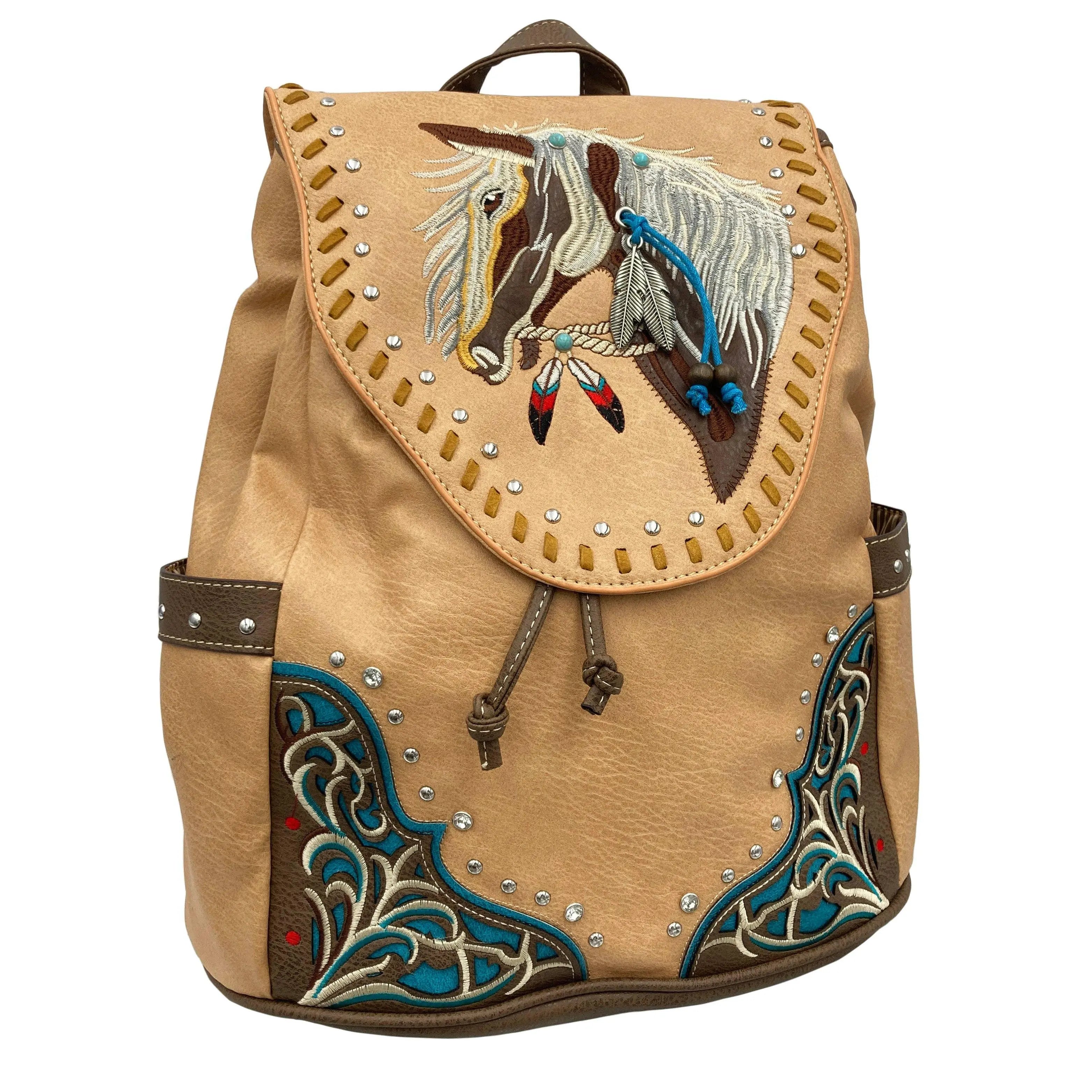 Women's Embroidered Horse Western Leather Backpack Tan handbag
