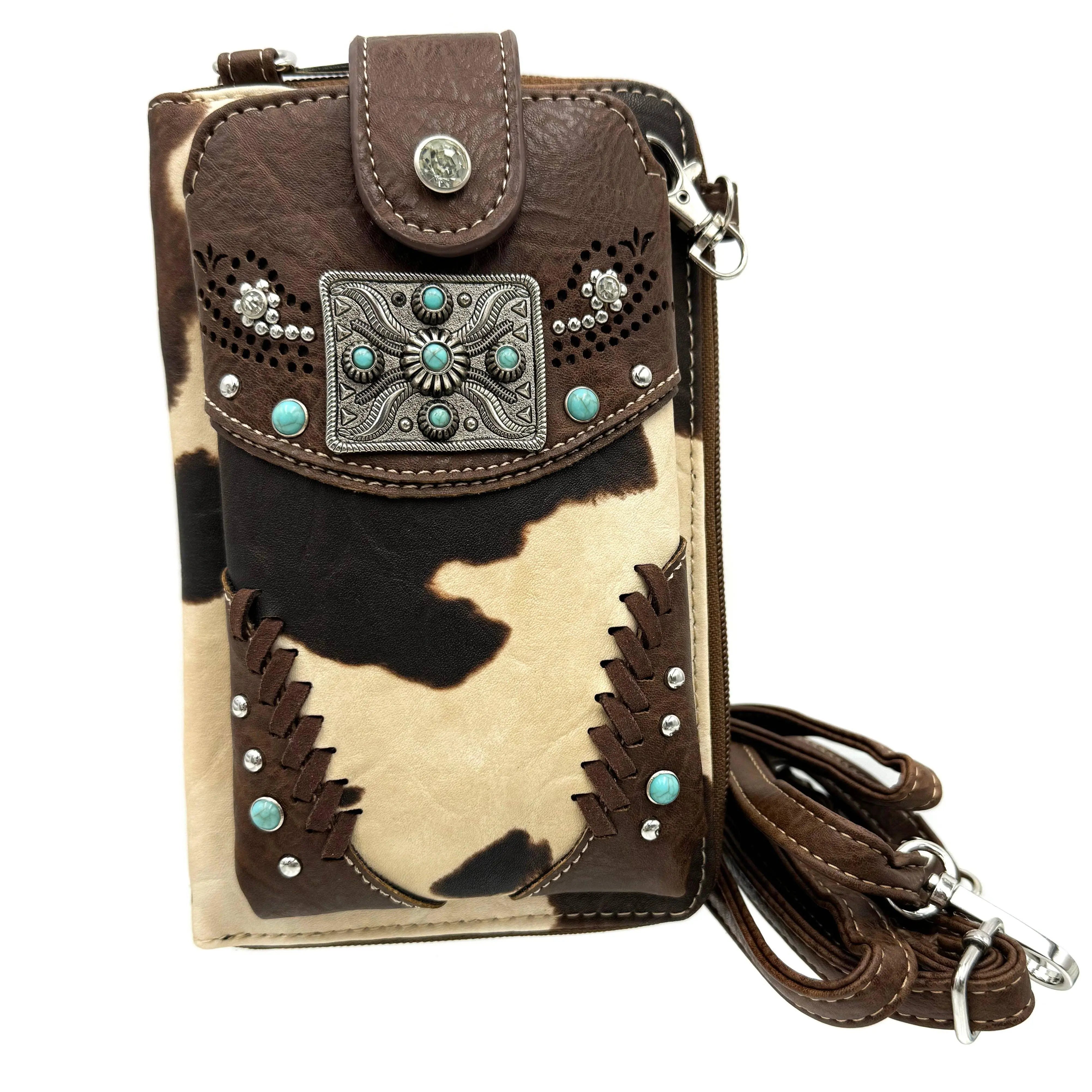 Rectangle Concho Cow Print Western Phone Wallet