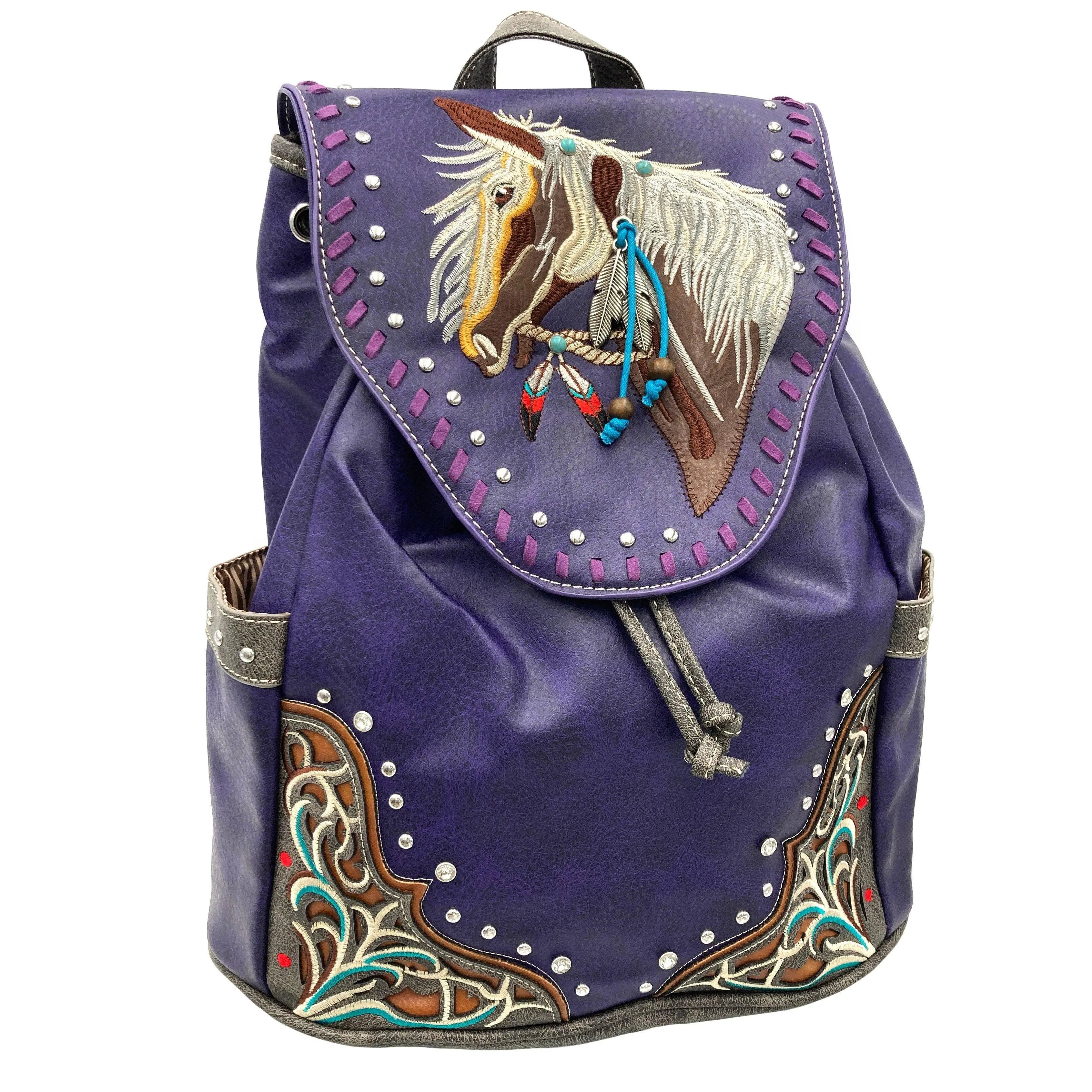Women's Embroidered Horse Western Leather Backpack Purple handbag