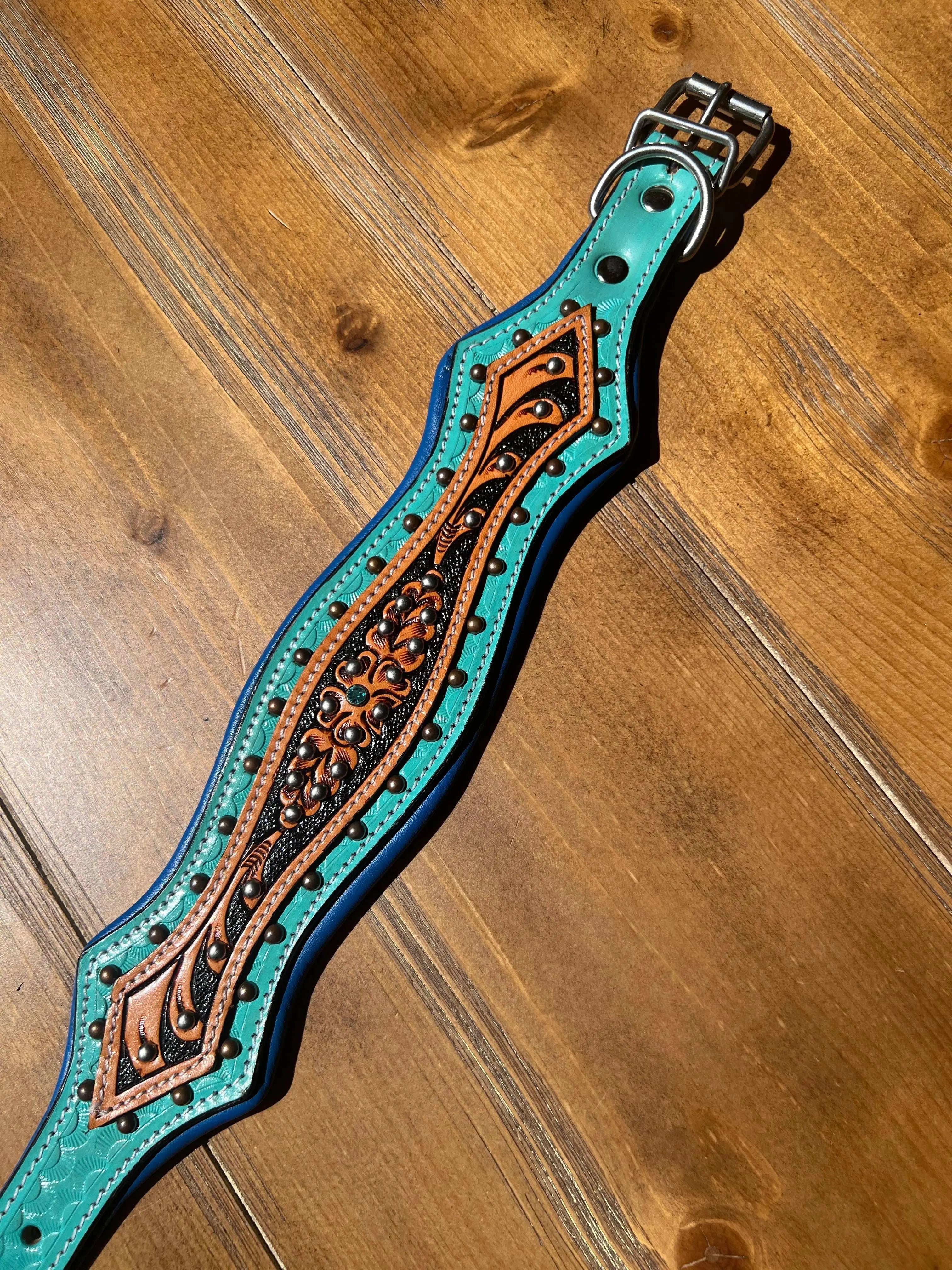 Turquoise Scalloped Western Tooled Leather Dog Collar Dog