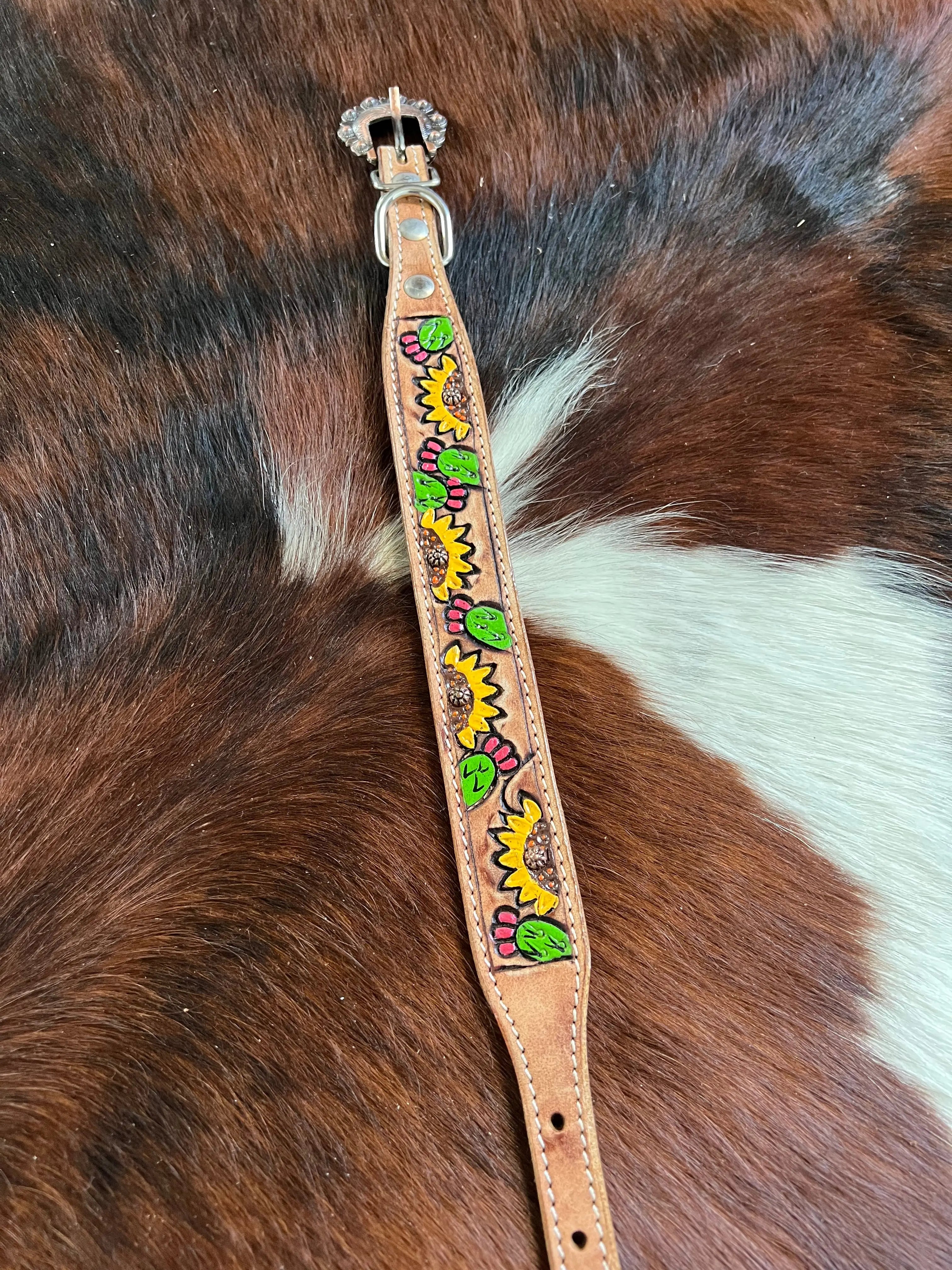 Sunflowers & Cactus Hand Painted Leather Dog Collar Dog