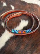 4ft Leather over & under whip with teal, purple, and orange beaded overlay. Horse