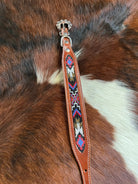 Genuine leather dog collar with red, black, periwinkle, white, and gold southwest beaded inlay design Dog
