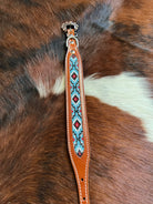 Leather Dog Collar With Teal & Red Beaded Inlay Dog