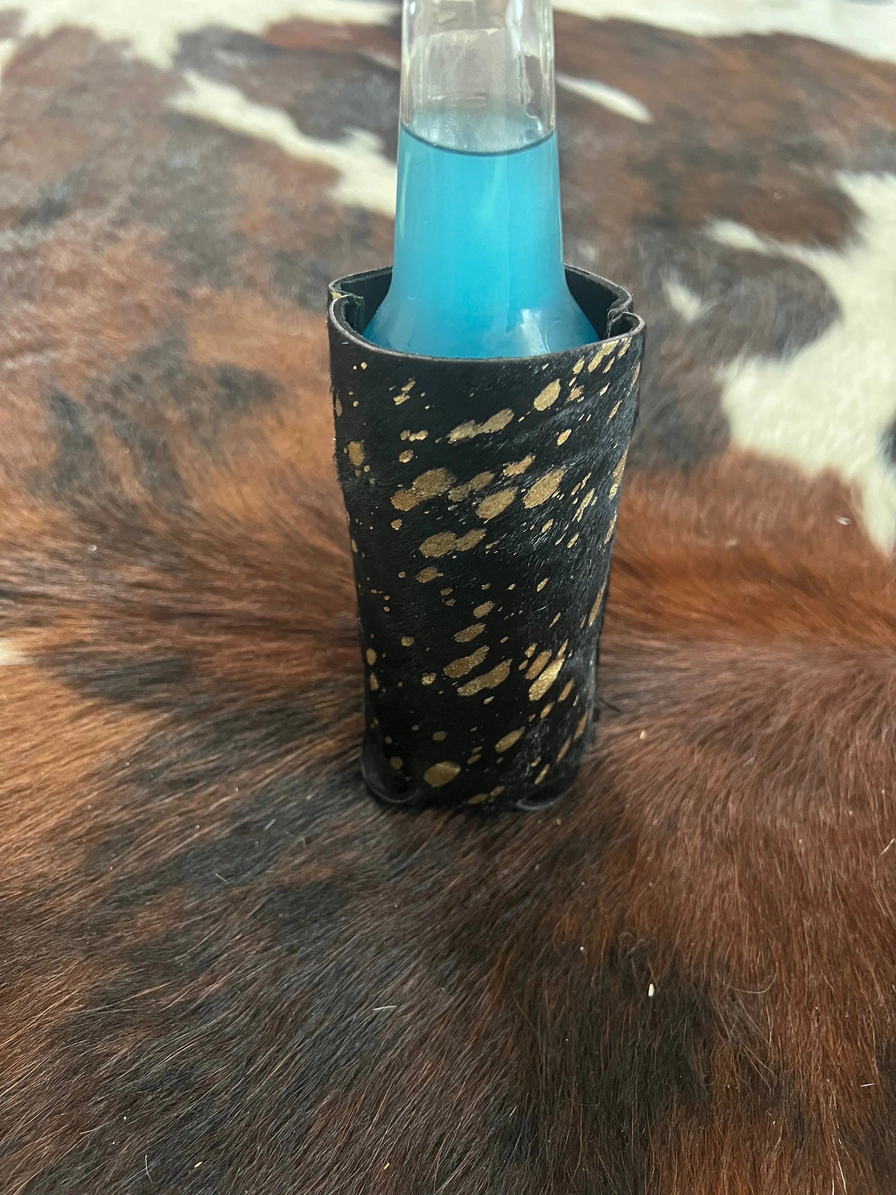 Black and Gold Acid Wash Hair on Cowhide Slim Can Holder