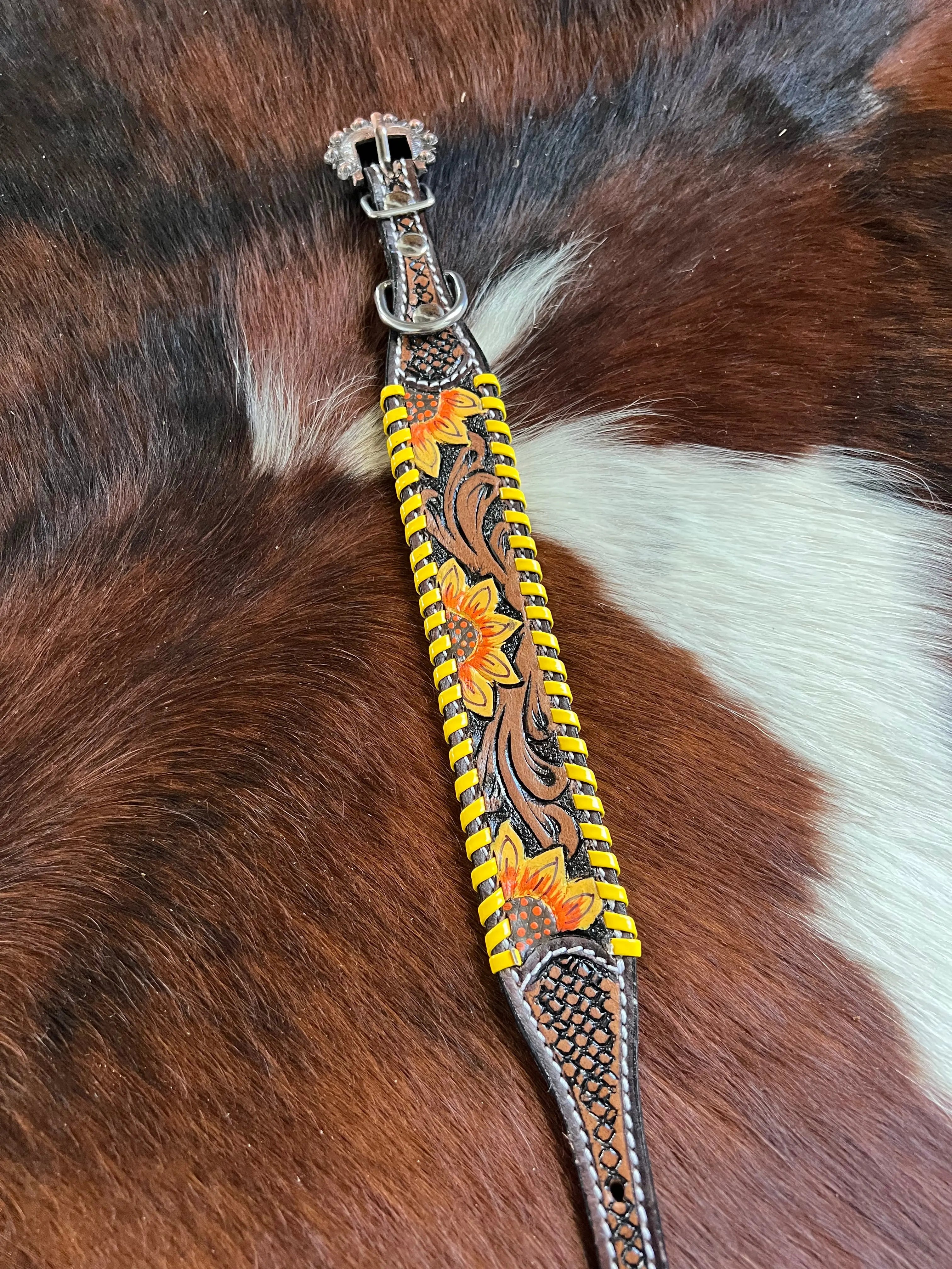 Leather Dog Collar Sunflower tooled leather dog collar with yellow laced trim Dog