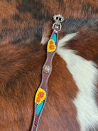 Hand Painted Sunflowers leather dog collar with copper buckle. Dog
