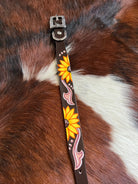 Sunflower Overlay brown leather dog collar with yellow sunflowers, pink swirls, rhinestones