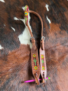 Beaded one ear harness leather headstall with beaded sunflower and cactus inlay. Horse