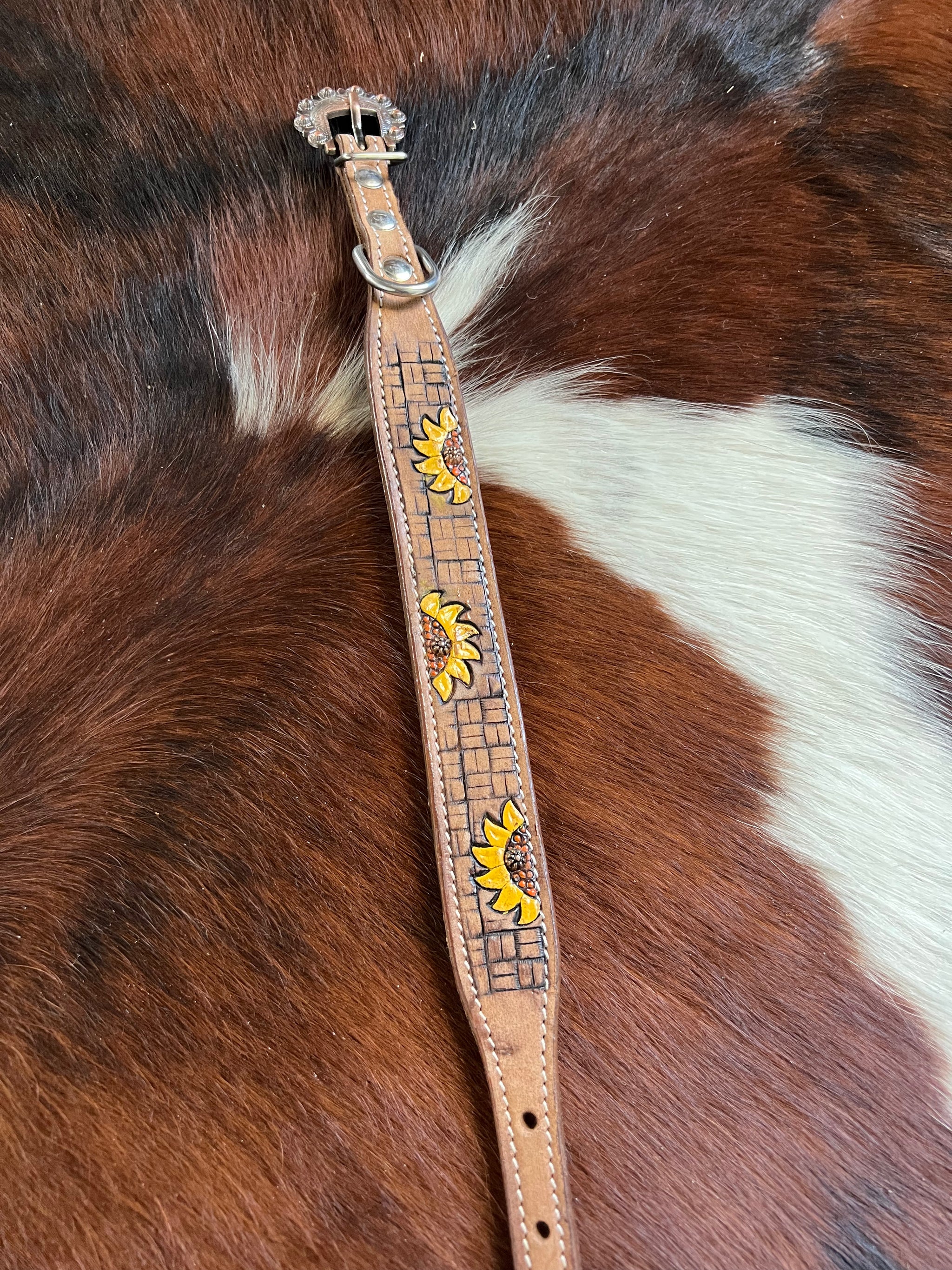 Hand Painted Sunflower leather dog collar with copper