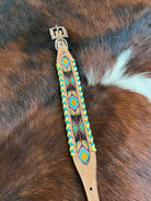 Beaded leather horse halter with turquoise yellow brown Navajo patterns