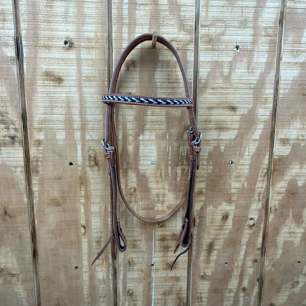 Argentina cow leather browband headstall with blue white stripe