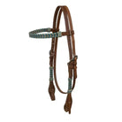 Brown leather Argentina cow headstall with teal rawhide accents