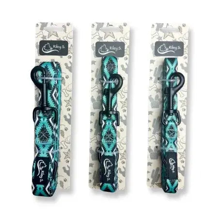 RILEY S. DOG LEASH- TEAL LEOPARD AZTEC