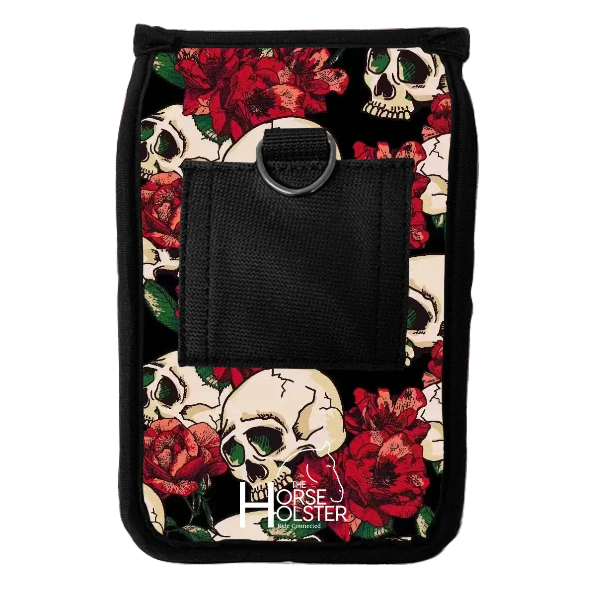 The Horse Holster pet pouch featuring skull and rose pattern with front pouch and ring