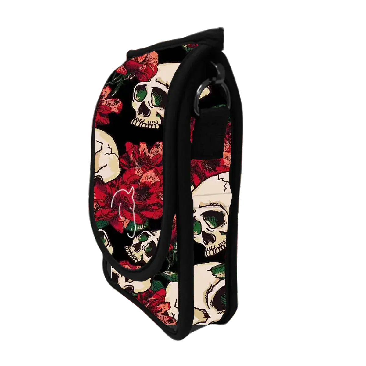Dog leash holder with skull and red rose floral pattern, black background