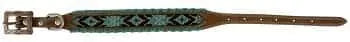 Brown leather dog collar with green black geometric and Navajo beaded strap