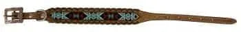 Genuine leather dog collar with teal, white, and black southwest beaded inlay design, a leather wrapped edge Dog