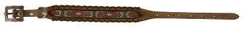 Genuine Leather dog collar with pink, white, and gold southwest beaded inlay design, a leather wrapped edge Dog