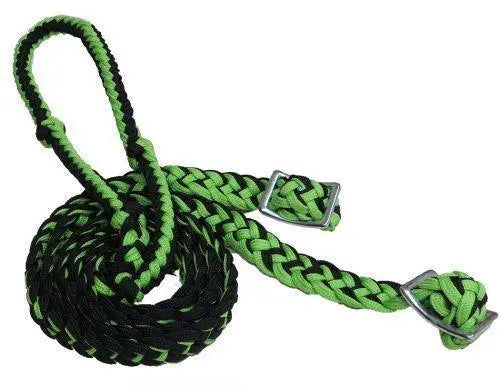 Braided Nylon Barrel Reins with Easy Grip Knots Lime Green Black Horse