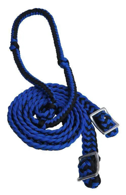 Braided Nylon Barrel Reins with Easy Grip Knots Black Blue Horse
