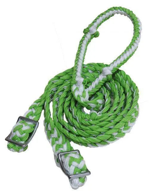 Braided Nylon Barrel Reins with Easy Grip Knots Lime Green White Horse