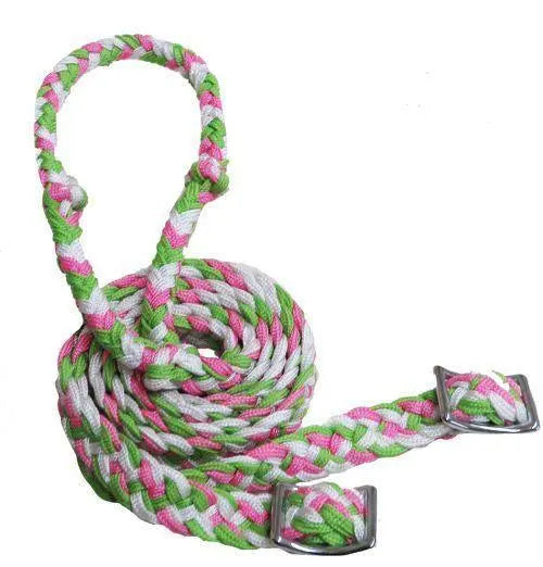 Braided Nylon Barrel Reins with Easy Grip Knots Lime green pink white Horse