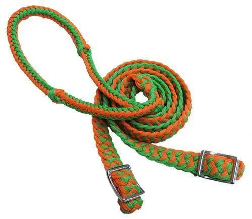 Braided Nylon Barrel Reins with Easy Grip Knots Lime Green Orange Horse