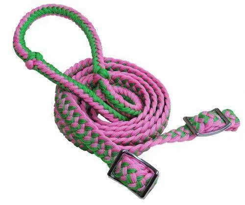 Braided Nylon Barrel Reins with Easy Grip Knots Lime Green Pink Horse