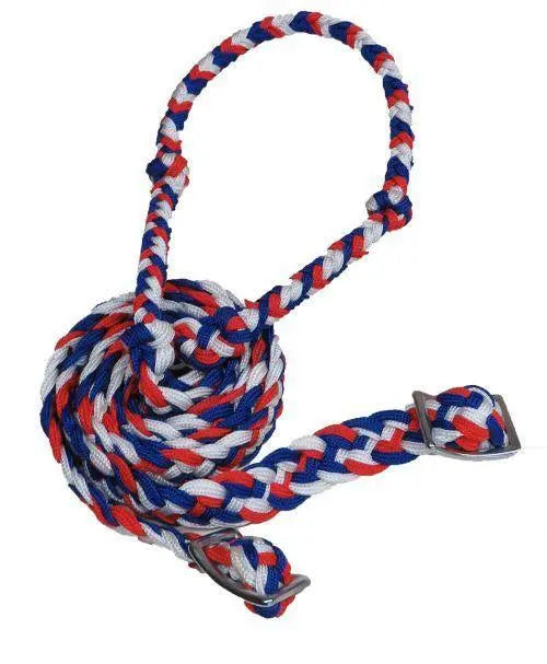 Braided Nylon Barrel Reins with Easy Grip Knots Red White Blue Horse