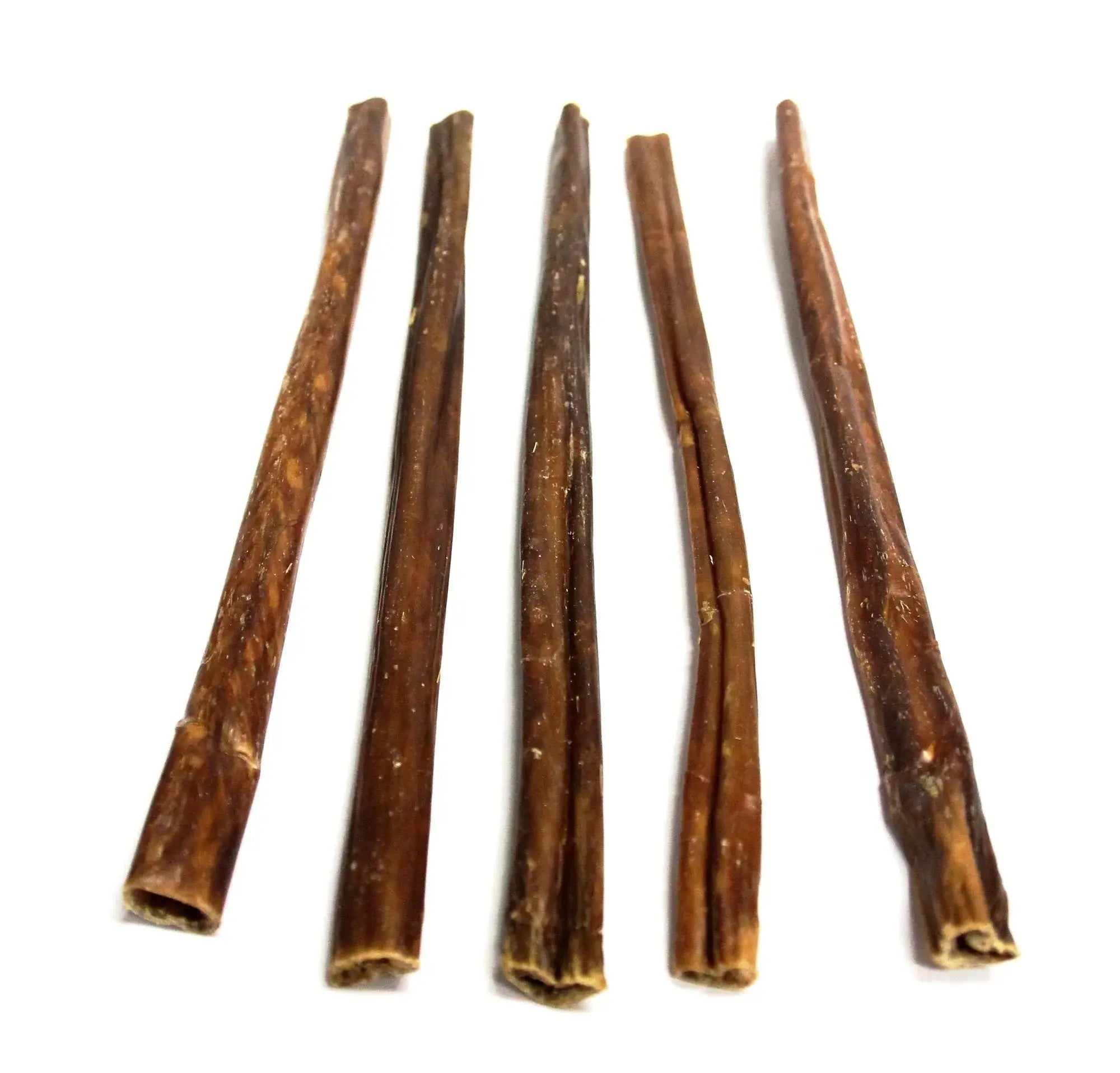 12-inch gullet sticks: five dried brown cylindrical dog chews with rough texture