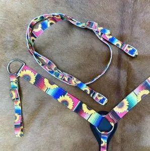 PONY SIZE Nylon Headstall & Breastcollar set With Serape and Sunflower Print Design Horse