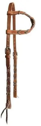 Brown leather one ear horse headstall with cheetah lacing and silver conchos