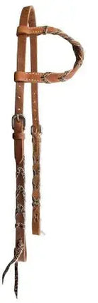 Brown leather one ear horse headstall with cheetah print lacing