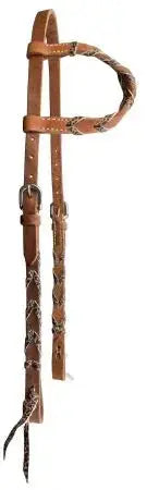 Brown leather one ear horse headstall with cheetah print lacing