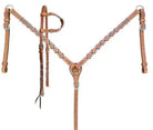 Tan leather horse halter with braided straps, silver conchos and cheetah lacing