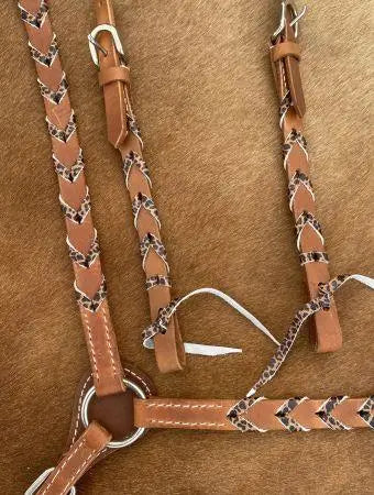 Tan leather braided horse halter with cheetah print accents