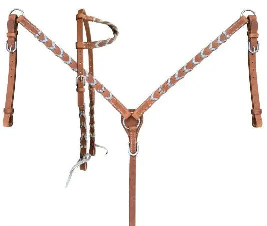 Argentina cow harness Leather one ear headstall and breast collar set with hair on cowhide lacing Horse