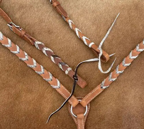 Argentina cow harness Leather one ear headstall and breast collar set with hair on cowhide lacing Horse