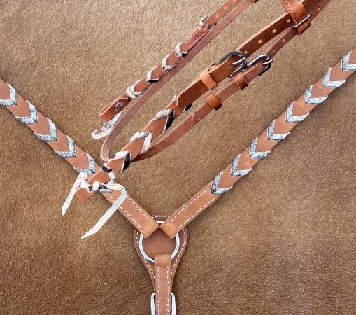 Argentina cow harness Leather browband headstall and breast collar set with hair on cowhide lacing. Horse