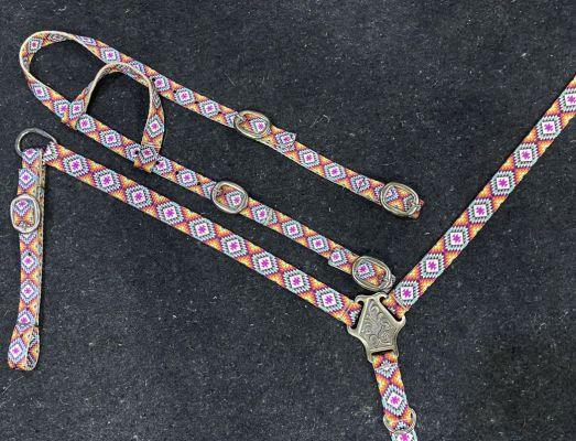 Pink Aztec Print Nylon One Ear Headstall and Breastcollar Set Horse Tack