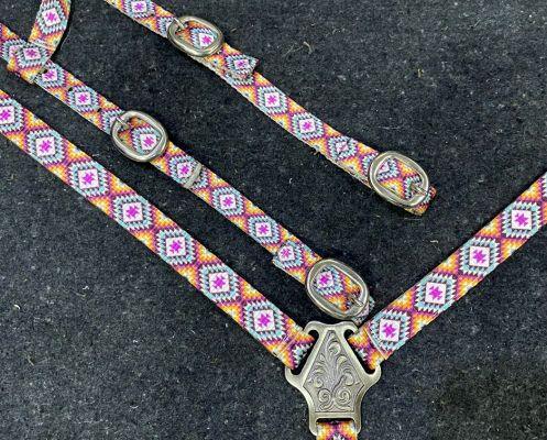 Pink Aztec Print Nylon One Ear Headstall and Breastcollar Set Horse Tack
