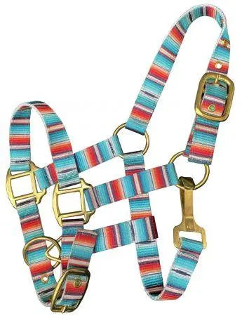 Premium nylon Teal serape print halter with brass hardware.-PONY Horse