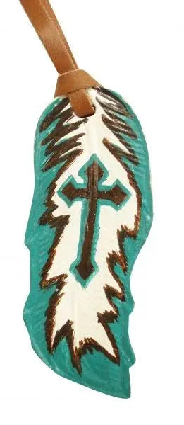 Teal painted painted leather tie on feather with painted cross. Horse