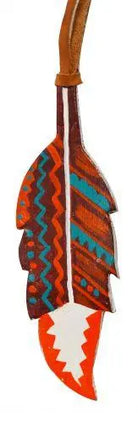 5" painted leather tie on feather with Southwest design. Orange Horse