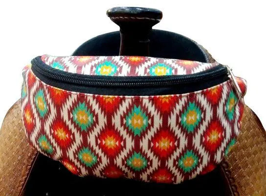 Red Aztec Print Insulated Nylon Saddle Pouch Horse