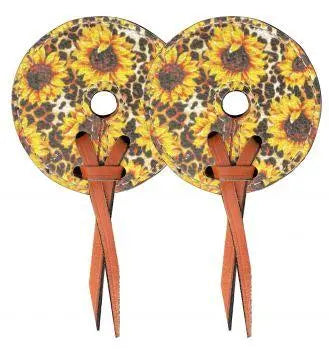 Leather sunflower and leopard print circular tie-backs with brown straps